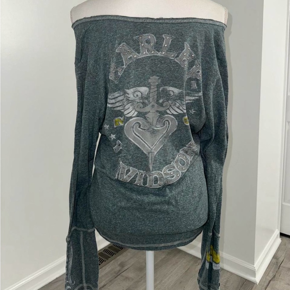 Harley Davidson Studded Long Sleeve Henley Top Size 1W Gray Biker Graphic Grunge